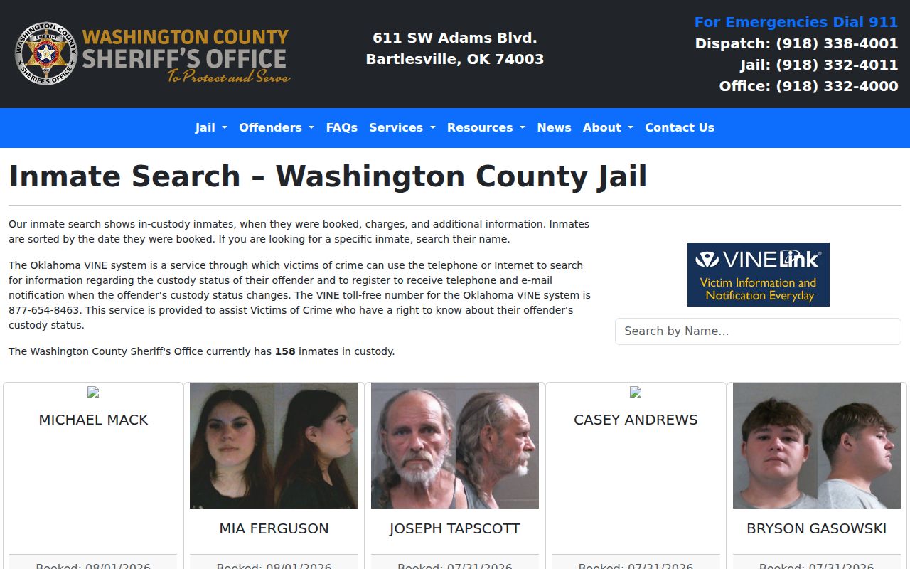 Washington County in-custody inmate search and released inmate fallback